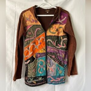 Boho Hoodie Women’s S Embroidered Hippie Retro Festival Zip Front